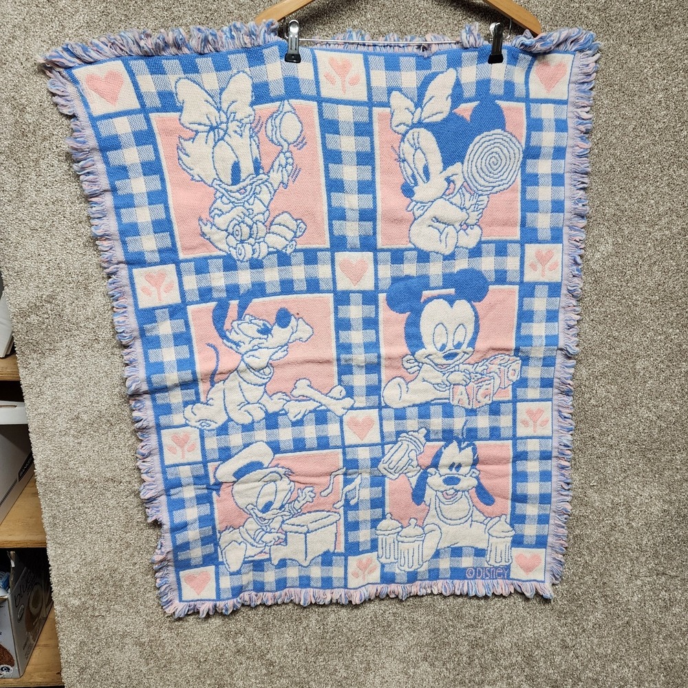Avon 1994 Disney Babies Throw Blanket‎ Mickey Minnie Mouse Pink Blue Woven